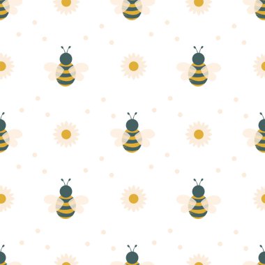 Güzel arılar. Kumaş, tekstil, ambalaj kağıdı ve iç tasarım için böcek ve çiçeklerle kusursuz desen. Gerçek renkler. 