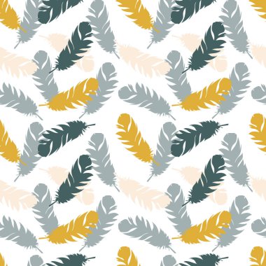 Yaratıcı kuş tüyü. Kumaş, kağıt, iç tasarım, yatak, dekoratif tekstil üzerine baskı yapmak için modaya uygun renklerde kusursuz desen. 