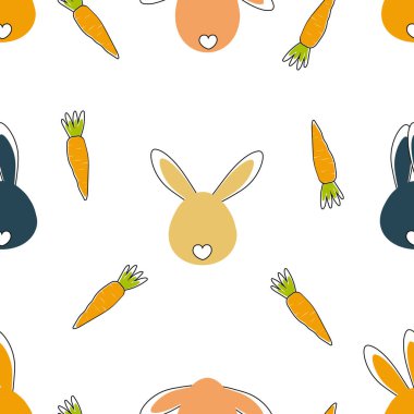 Paskalya tatili için çok renkli şirin tavşanlar ve havuçlar. Kumaş, tekstil, ambalaj kağıdı için kusursuz desen.