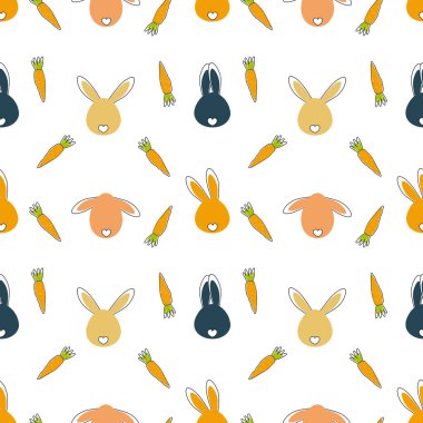 Paskalya tatili için çok renkli şirin tavşanlar ve havuçlar. Kumaş, tekstil, ambalaj kağıdı için kusursuz desen.