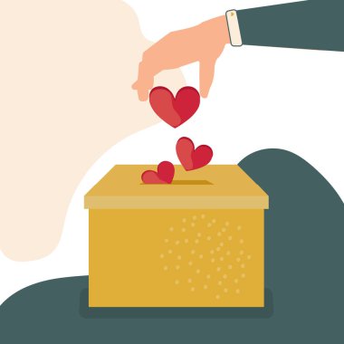 Bağış kutusu. Hayır kurumu. İhtiyacı olanlara yardım ediyor. Sevgini göster. İyiyi paylaş. Kalp ve el. Renkler 2021.