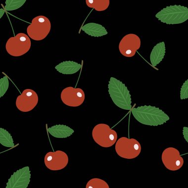 Siyah arka planda yaprakları olan kırmızı kirazlar. Kumaş, mutfak tekstili, ambalaj kağıdı, iç kısımdaki yastıkların dekoru için kiraz böğürtlenli kusursuz bir arka plan..