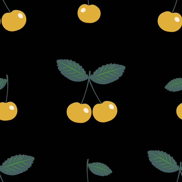 Cherries Yellow Leaves Black Background Seamless Background Cherry Berries Printing — Stock Photo, Image