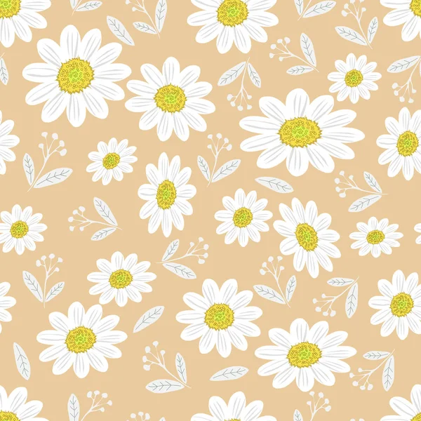 Wilde Kamillebloemen Naadloos Zomerpatroon Met Grote Bloemen Een Beige Achtergrond — Stockfoto