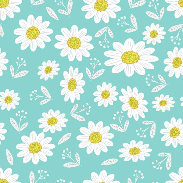 Dzikie Kwiaty Rumianku Płynny Letni Wzór Dużymi Kwiatami Niebieskim Tle — Zdjęcie stockowe