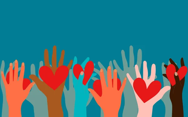 Volunteers, social workers, ordinary people hold hearts in their palms. Unity, cohesion of a multinational society. Charity, voting, donations, social assistance. Blue deep background.