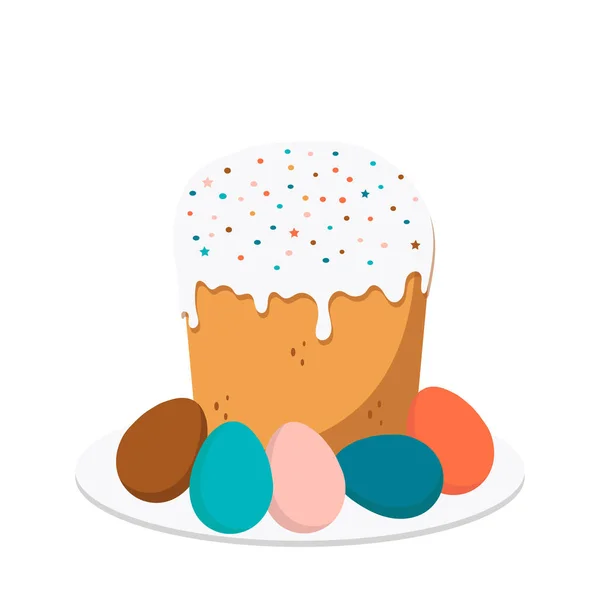 Счастливой Пасхи Праздничная Открытка Булочкой Цветными Яйцами Белом Фоне Печать — стоковое фото