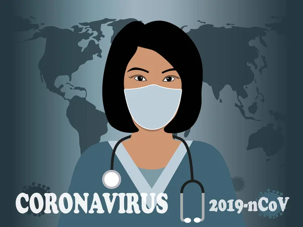 中国的考罗纳威 戴着医疗面罩的护士穿着制服的医务工作者在世界地图的背景上涂上蓝色的阴影 国际医生日 全世界的感染情况 — 图库照片