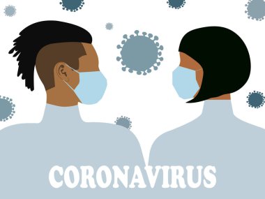 Çin 'de Coronavirus. Beyaz bir arka planda tıbbi maskeli bir adam ve bir kadın ve bir sürü virüs. Tüm dünyada enfeksiyon var.. 