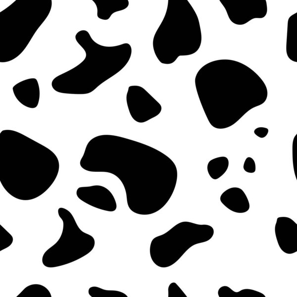Черные абстрактные пятна на белом фоне. Цвет коровы. Бесшовный узор для печати на тканях, тканях, декоративных подушках, постельных принадлежностях, обложках книг. 