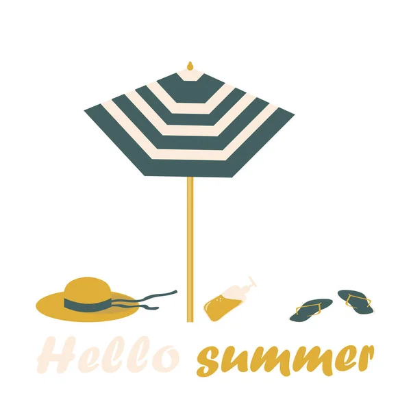Привет Лето Пляжные Атрибуты Отдыха Полосатый Зонтик Панамская Шляпа Шлепанцы — стоковое фото