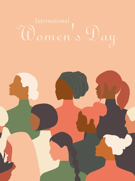 Postcard with International Women's Day. Postcard template with women of different nationalities and religions. Pink pastel background.