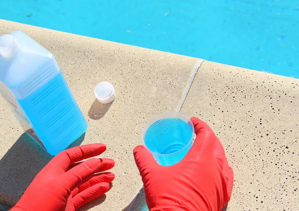 Yüzme havuzlarındaki suyun berraklığı ve temizliği için plastik bardaktaki mavi sıvı. Sıvı Cezayir. Su arıtma yosunları için kimyasal madde.