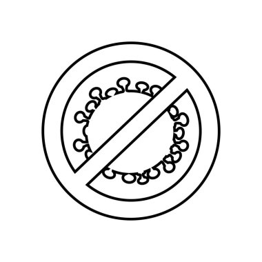 Coronavirus. Siyah çizgi çizgisi. Beyaz zemin üzerinde bulaşıcı virüs tasarımı ve DUR uyarısı var. Medya, siteler, yayınlar, haberler, gönderiler için şablon.