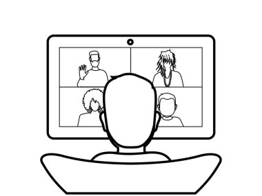 İş arkadaşlarıyla, arkadaşlarıyla ya da hastalarıyla konuşan birinin arka görüntüsü. Çevrimiçi video bağlantısı. Psikolog randevusunda olan bir grup insan. Uzak işçiler. Siyah çizgi çizgisi. Renkler.