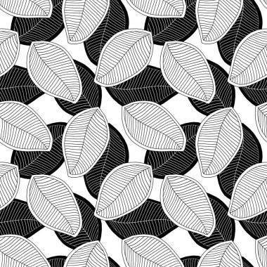 Çizgili büyük yaprakların pürüzsüz deseni. Tekstil, kumaş, yatak örtüsü, ambalaj kağıdı, dekoratif yastıklar üzerine baskı şablonu. Siyah-beyaz boyama kitabı.