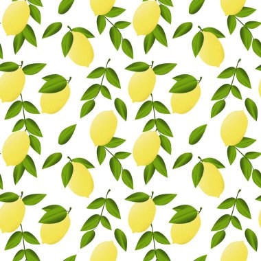 Beyaz arka planda yaprakları olan sarı limonlar. Kumaşlar, dekoratif yastıklar, iç tasarım, mutfak tekstil ürünleri için egzotik organik meyveler içeren kusursuz desenler..