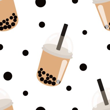 Köpüklü çay. Kusursuz desenli, beyaz arka planda incili Tayvan çayı. Kumaş, tekstil, kağıt, dekoratif yastık, mutfak dekorasyonu için. Vektör grafikleri.