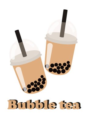 Köpüklü çay. Beyaz arka planda izole edilmiş plastik şeffaf bardakta kahverengi toplarla Tayvan içkisi. Modern lezzetli çay. Vektör grafikleri.