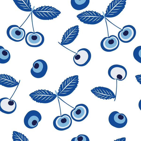 Turkish Charm Evil Eye Shape Cherry Seamless Pattern Berries Blue — Stock Vector