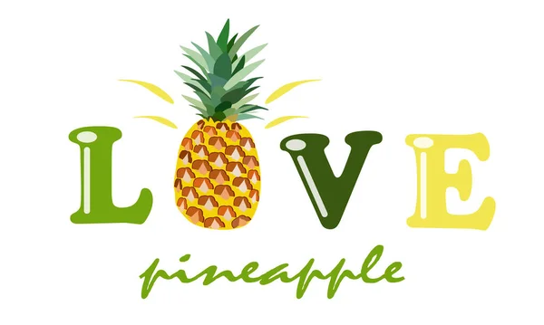 Fruta Exótica Piña Palabra Amor Sobre Fondo Blanco Para Imprimir — Vector de stock