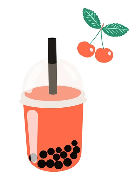 Bubble Milk Tea Cherry Flavor Modern Card Cup Taiwanese Tea — Stock Vector