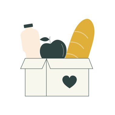 Moda renkleri olan bir kutuda yemek. Yiyecek bağışları. Hayır yemeği seti: ekmek, süt, meyve ve sebze. İnsani yardım gönüllüsü. Vektör grafikleri.