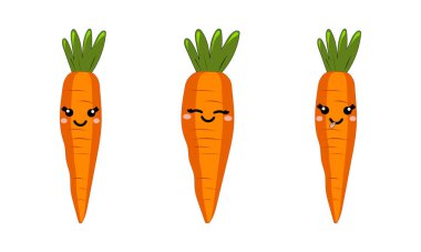 Beyaz arka planda izole edilmiş neşeli duyguları olan şirin bir havuç. Karotenli sebzeler. Çıkartmalar için resim, marketlerde baskı online mağazalar, yastık, çocuk dekorasyonu. Vektör grafikleri.