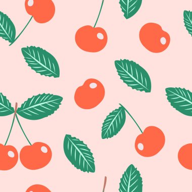 Kirazlar yeşil yapraklı kırmızıdır. Pembe arka planda vişneli böğürtlenli kusursuz desen. Kumaş, tekstil, kağıt, yastık ve dekorasyon üzerine baskı yapmak için. Vektör grafikleri.