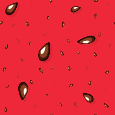 Karpuz. Moda baskıları, kumaşlar, duvar kağıtları, ambalaj kağıtları için kırmızı zemin üzerinde karpuz tohumları olan kusursuz desen. Vektör illüstrasyonu.