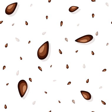 Karpuz. Moda baskıları, kumaşlar, duvar kağıtları, ambalaj kağıtları için beyaz zemin üzerinde karpuz tohumları olan kusursuz desen. Vektör illüstrasyonu.