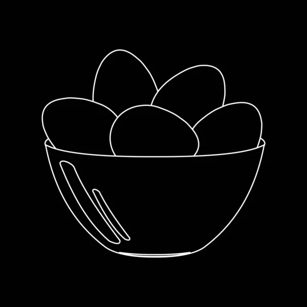 イースターだ 黒地に白い輪郭が描かれた皿の中の鶏の卵 休日のカード キッチンテキスタイルのためのかわいいイラスト 細い線のカスタマイズ可能なイラスト ベクトルグラフィックス — ストックベクタ