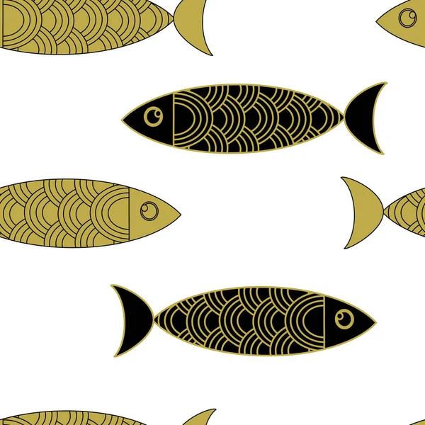 Kreativt Guld Och Svart Fisk Vit Bakgrund Kawaii Marint Sömlöst — Stock vektor