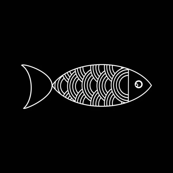 这种鱼在黑色的背景上画了一个白色的轮廓 明信片 厨房纺织品 餐馆的精美插图 细线可定制的示例 矢量图形 — 图库矢量图片