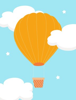 Mavi gökyüzünde beyaz bulutlu balon turuncusu. Uçmayı sevenler için basit bir kartpostal. Balon Festivali. Vektör.