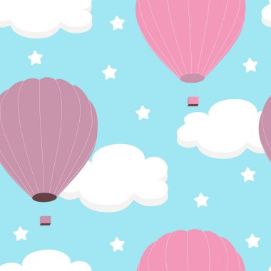 Beyaz bulutlu kusursuz desen ve mavi arka planda pembe balonlar. Kumaş, tekstil, kağıt ve yatak baskısı için. Vektör grafikleri.