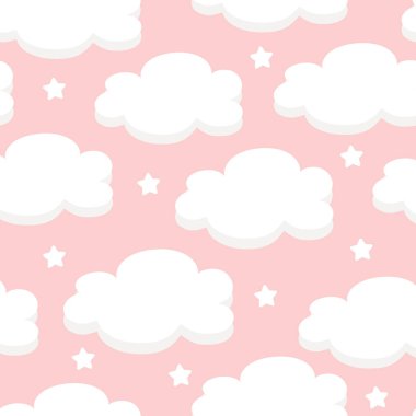 Pembe arka planda beyaz bulutlu ve yıldızlı kusursuz desen. Kumaş, tekstil, kağıt ve yatak baskısı için. Vektör grafikleri.