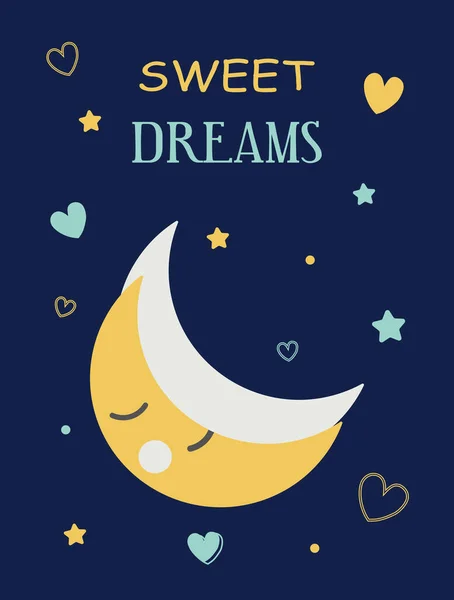 Cartão Bebê Bonito Com Uma Lua Sonhadora Sonolenta Cores Azul — Vetor de Stock