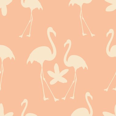Pastel arka planda egzotik pembe flamingoları olan kusursuz bir desen. Kumaş, tekstil, kağıt ve çarşaf üzerine baskı yapan kuşlar. Vektör grafikleri.