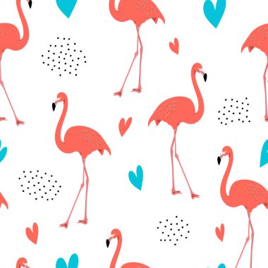 Beyaz arka planda egzotik pembe flamingoları olan kusursuz bir desen. Kumaş, tekstil, kağıt ve çarşaf üzerine baskı yapan kuşlar. Vektör grafikleri.
