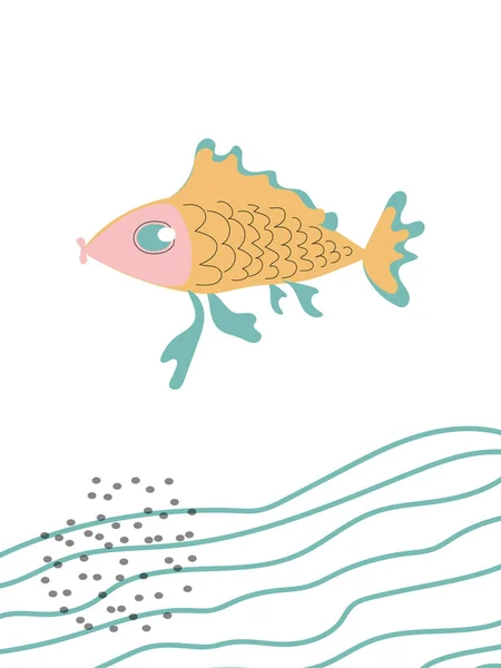Kreativ Färgad Fisk Med Vågor Vit Bakgrund Glada Barns Illustration — Stock vektor