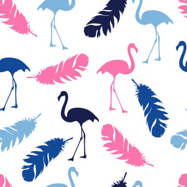 Beyaz arka planda egzotik pembe ve mavi flamingoları ve tüyleri olan kusursuz bir desen. Kumaş, tekstil, kağıt ve çarşaf üzerine baskı yapan kuşlar. Vektör grafikleri.