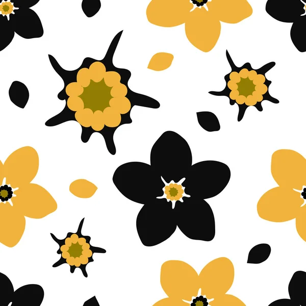 Бесшовный Узор Цветов Черный Желтый Шаблон Печати Текстиле Постельном Белье — стоковый вектор