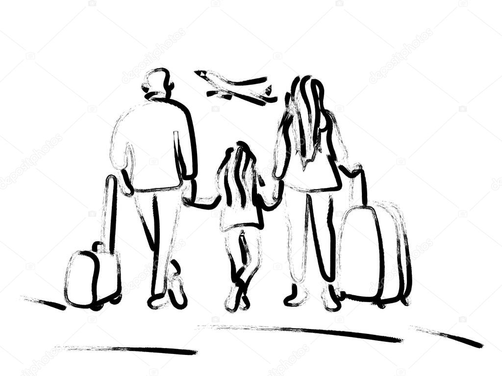 A family with suitcases looks at the plane taking off in the sky. Wife, husband and daughter are at the airport waiting for their flight. Modern black and white brush drawing. Vector graphics.