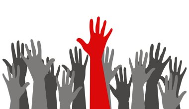 Farklı milletlerden ve dinlerden erkek ve kız çocuklarının siluetleri. Uluslararası Gençlik Günü. Seçimlerde oy kullanma. Eşit Haklar İçin Poster Mücadelesi. Gri ve kırmızı. Vektör grafikleri.