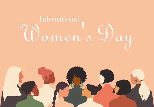 Uluslararası Kadınlar Günü Nde Tebrik Kartı Farklı Milletlerdeki Kadınlar Bir — Stok Vektör