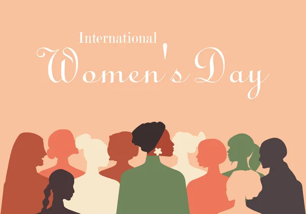 Tarjeta Felicitación Con Día Internacional Mujer Diferentes Nacionalidades Mujeres Unen — Vector de stock