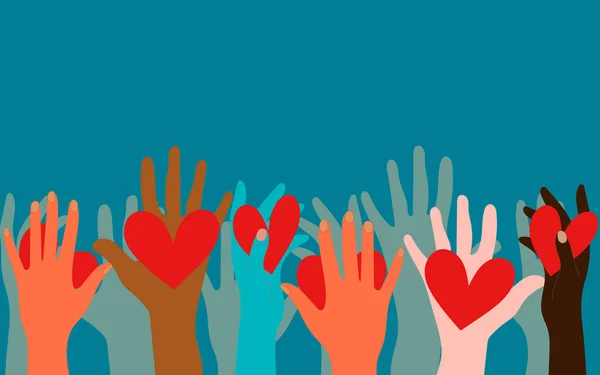 Εθελοντές Κοινωνικοί Λειτουργοί Απλοί Άνθρωποι Κρατούν Καρδιές Στις Παλάμες Τους — Διανυσματικό Αρχείο