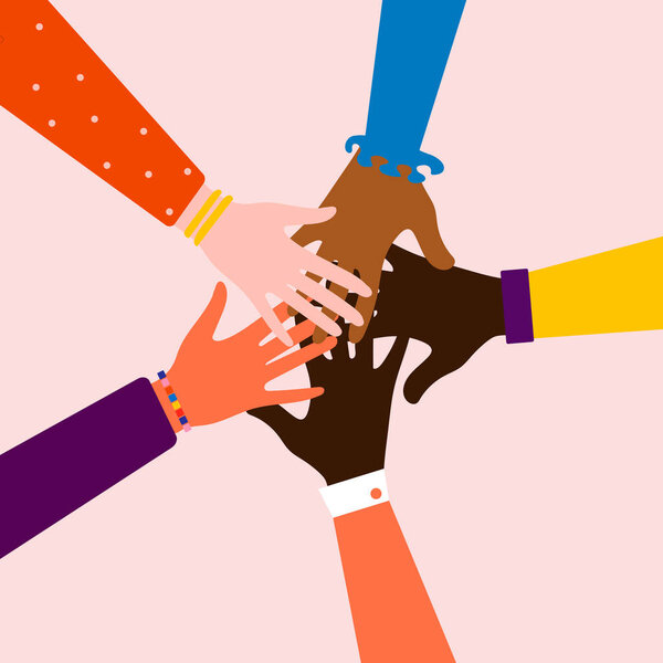 Руки людей разных национальностей и религий вместе. Концепция сообщества, поддержки, партнерства, командной работы, социального движения, дружбы и сотрудничества. Вектор.