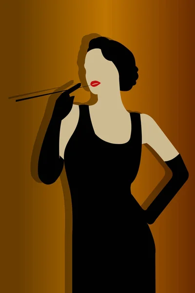 Slim Lady Smokes Cigar Pipe Small Black Dress Style 1920S — Stock Vector